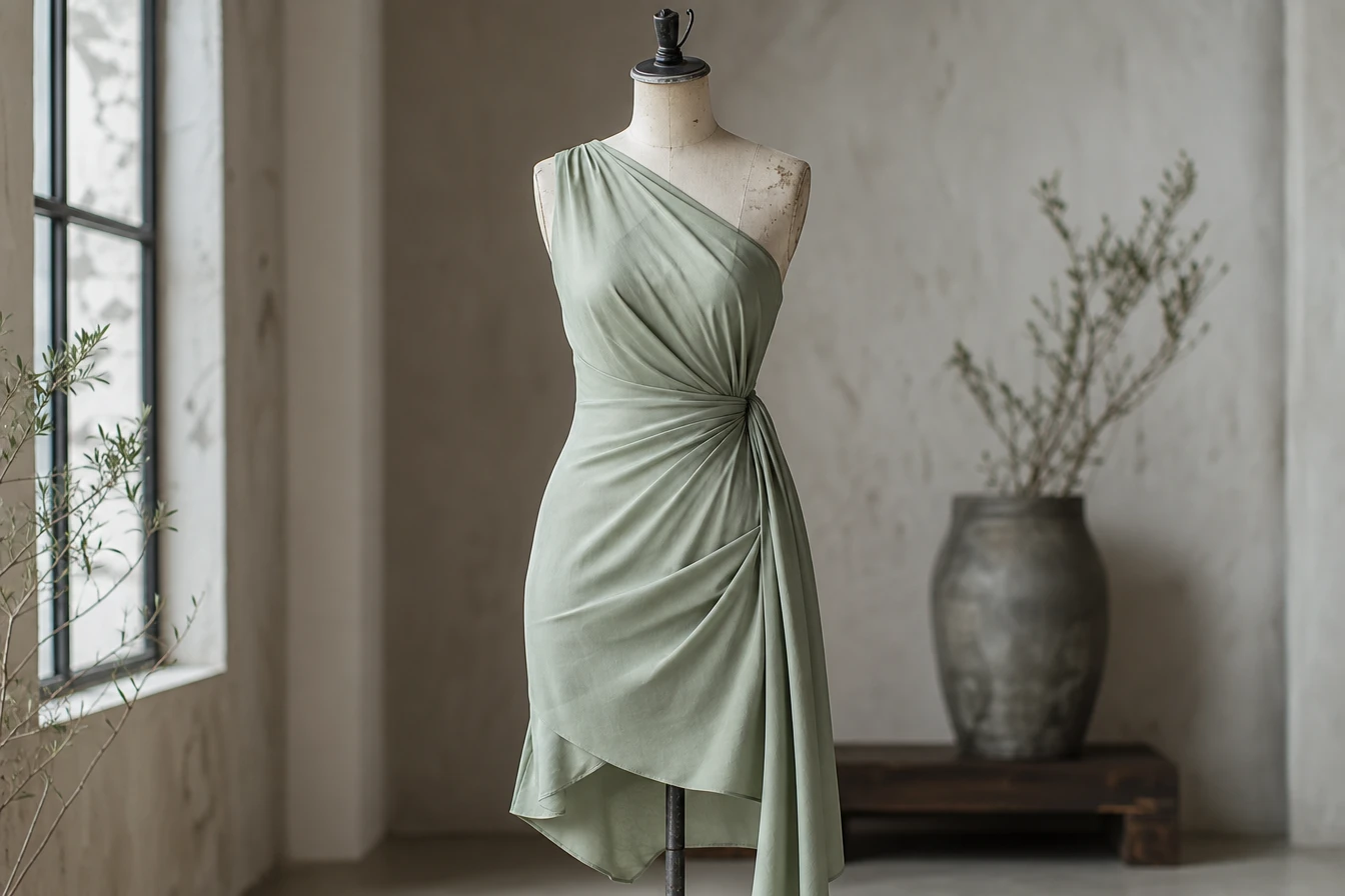 Zoom sur la robe vert d’eau asymétrique : l’élégance au service de la silhouette moderne